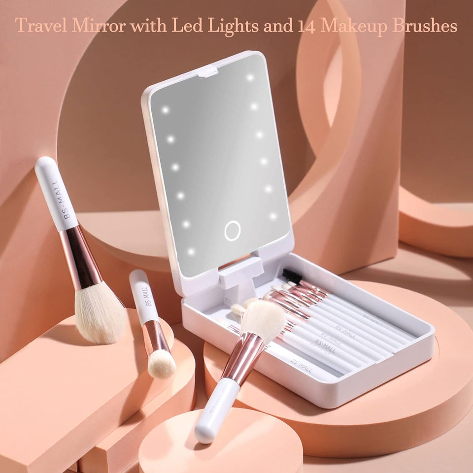 Travel Makeup Brush Set 14 Pcs Foundation Powder Concealers Eye Shadows Makeup Set with LED light Mirror