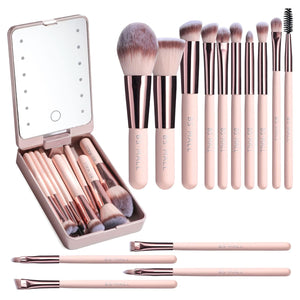 Travel Makeup Brush Set 14 Pcs Foundation Powder Concealers Eye Shadows Makeup Set with LED light Mirror