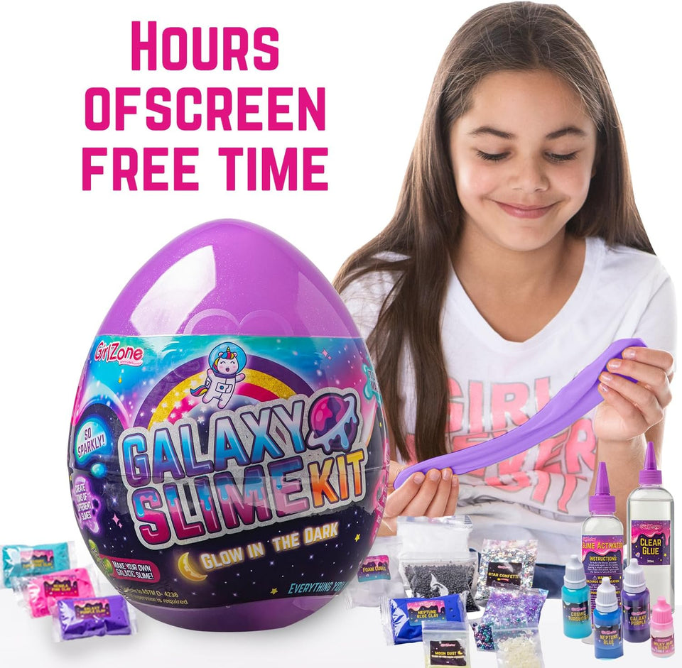 GirlZone Egg Surprise Galaxy Slime Kit for Girls, 39 Pieces to Make Glow in The Dark Slime, DIY Slime with Glitter, Fun Slime Kits for Girls 10-12