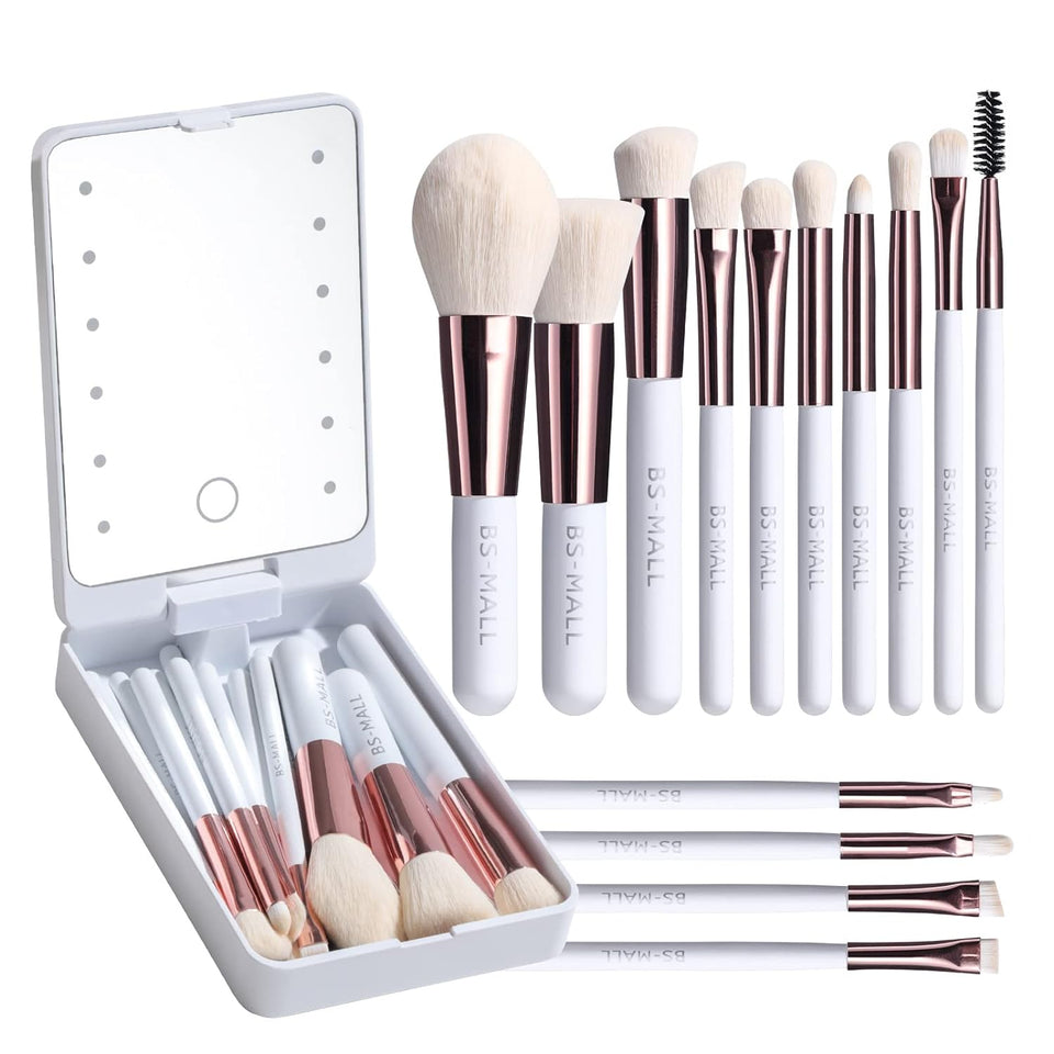 Travel Makeup Brush Set 14 Pcs Foundation Powder Concealers Eye Shadows Makeup Set with LED light Mirror