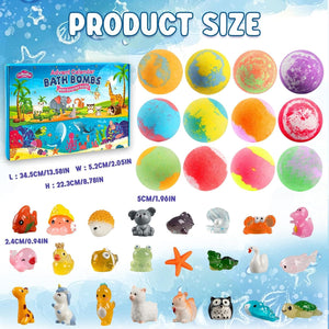 Bath Bombs Advent Calendar - 24 pieces - Kids with Surprise Toys Inside, Countdown Calendar Scented Bath Bombs with Land & Sea Animal Toys, Spa Birthday Christmas Gift for Children Boys Girls