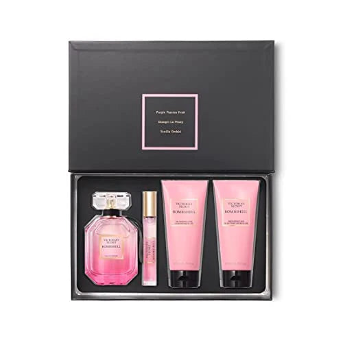 Victoria Secret Bombshell 4 Piece Luxe Fragrance Gift Set: 3.4 oz Eau de Parfume, Body Lotion & Rollerball & Body Wash