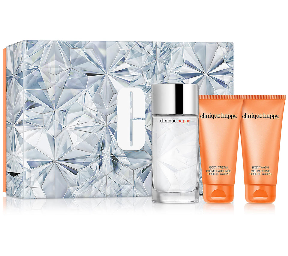 CLINIQUE HAPPY FOR WOMEN GIFT SET - 3.4 OZ PERFUME SPRAY + 2.5 OZ Hand CREAM + 2.5 OZ Body Wash