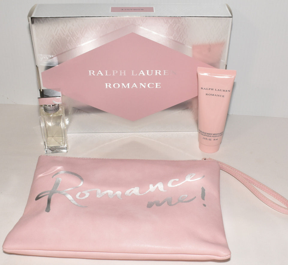 Ralph Lauren Romance 3 Piece Gift Set (1 oz Eau de Parfum Spray + Wristlet + 2.5 oz Sensuous Body Moisturizer)