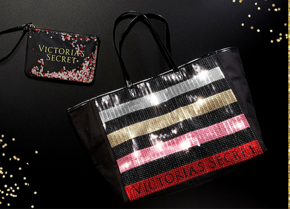 Victoria's Secret SEQUIN TOTE & Cosmetic Bag / Wristlet Black Rainbow Sequin