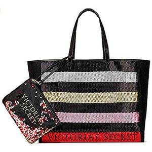 Victoria's Secret Bling Stripe Sequin Carryall Tote with matching Wristlet